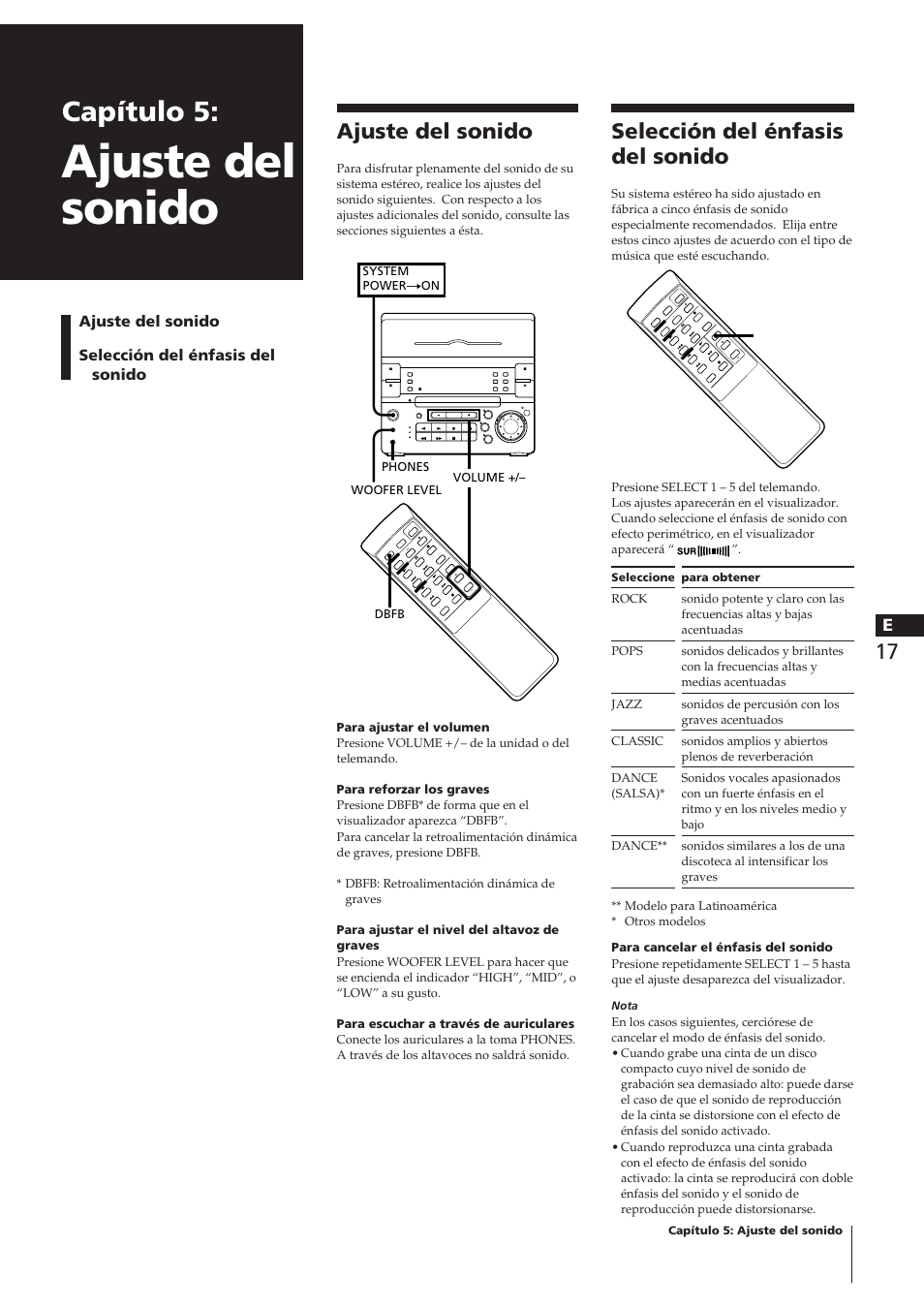 Ajuste del sonido, Capítulo 5, Selección del énfasis del sonido | Ajuste del sonido selección del énfasis del sonido | Sony CHC-P33D User Manual | Page 65 / 97
