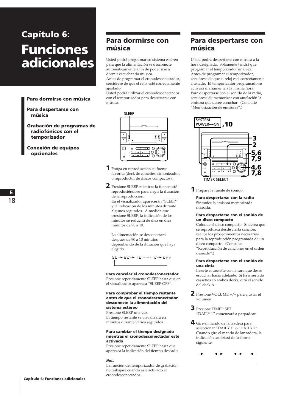 Funciones adicionales, Capítulo 6, Para dormirse con música | Para despertarse con música | Sony CHC-P33D User Manual | Page 66 / 97