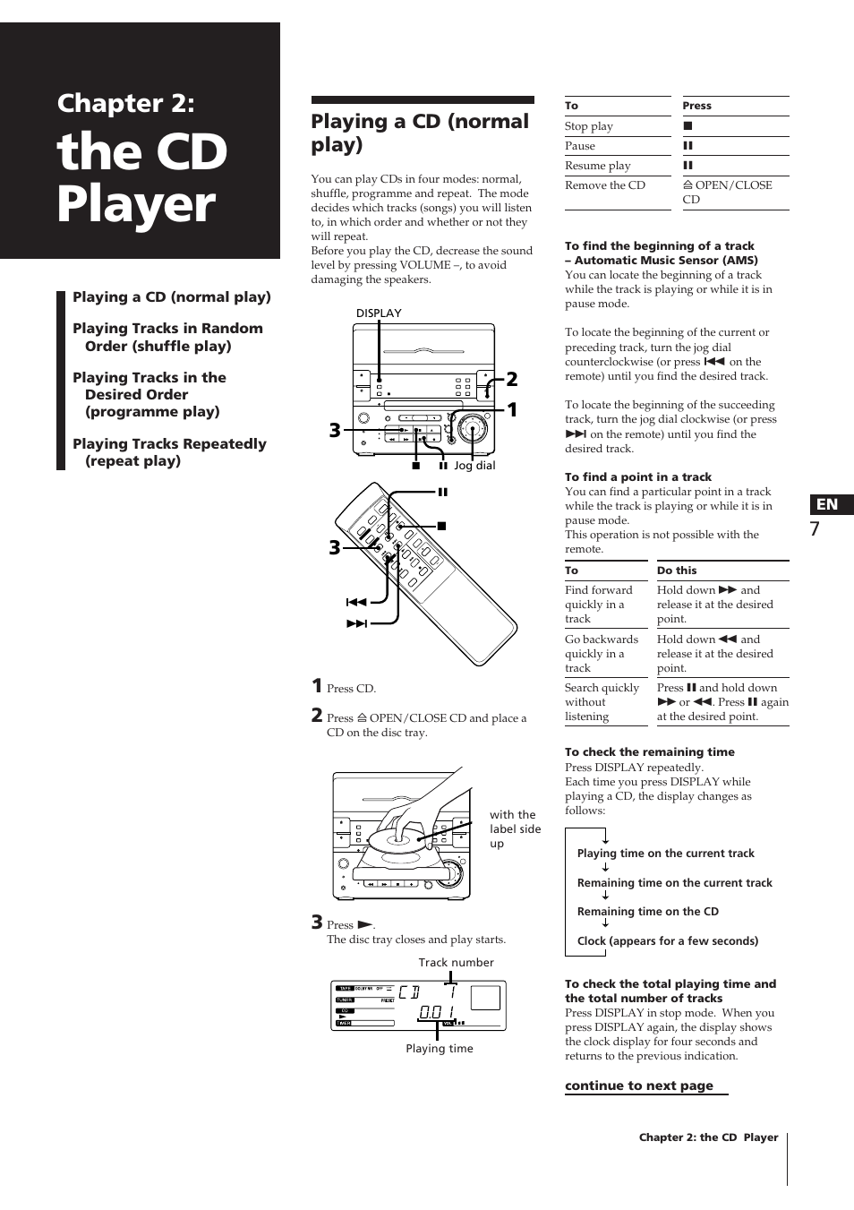 The cd player, Chapter 2, Playing a cd (normal play) | Sony CHC-P33D User Manual | Page 7 / 97