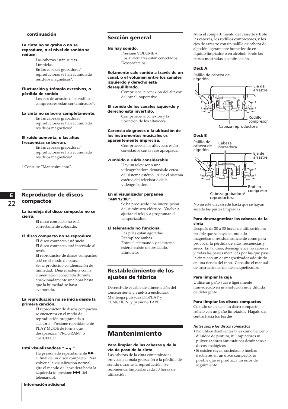 Mantenimiento, Reproductor de discos compactos, Sección general | Restablecimiento de los ajustes de fábrica | Sony CHC-P33D User Manual | Page 70 / 97