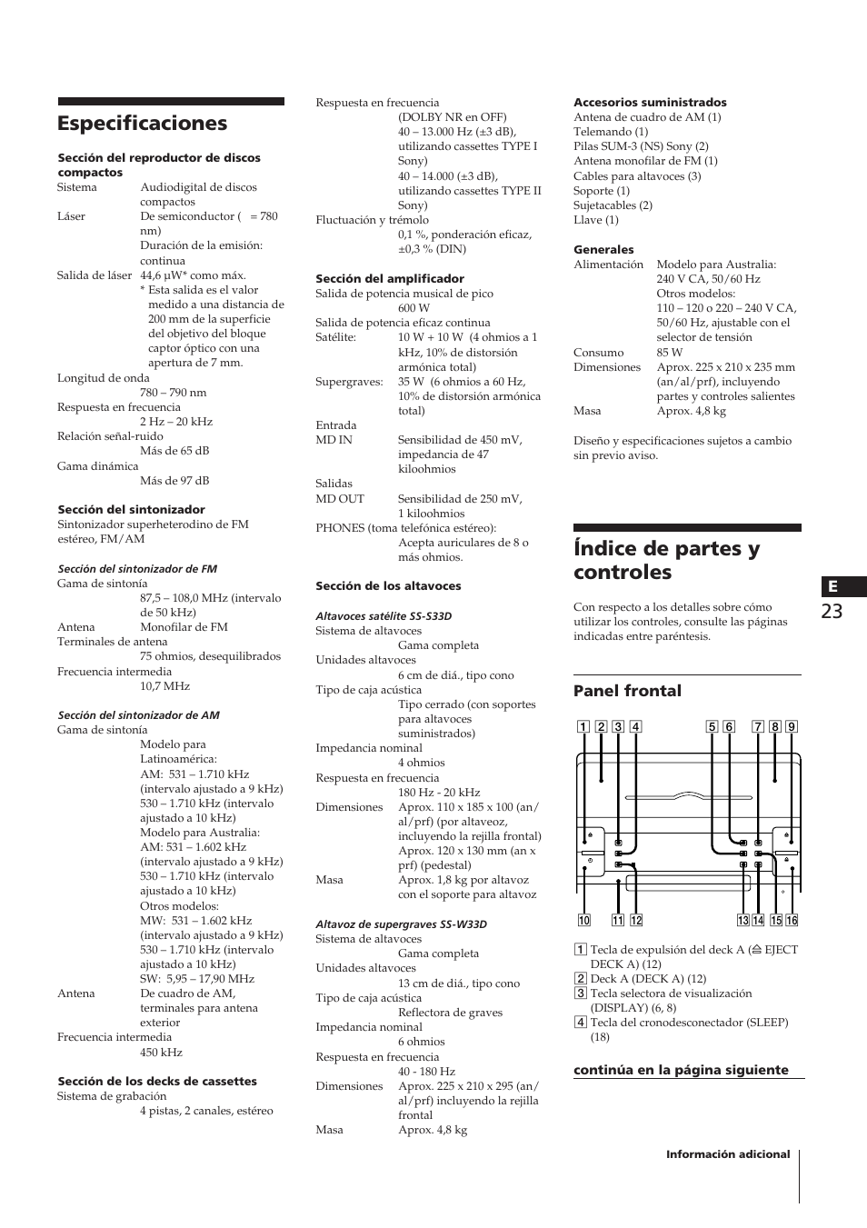 Especificaciones, Índice de partes y controles, Panel frontal | Sony CHC-P33D User Manual | Page 71 / 97