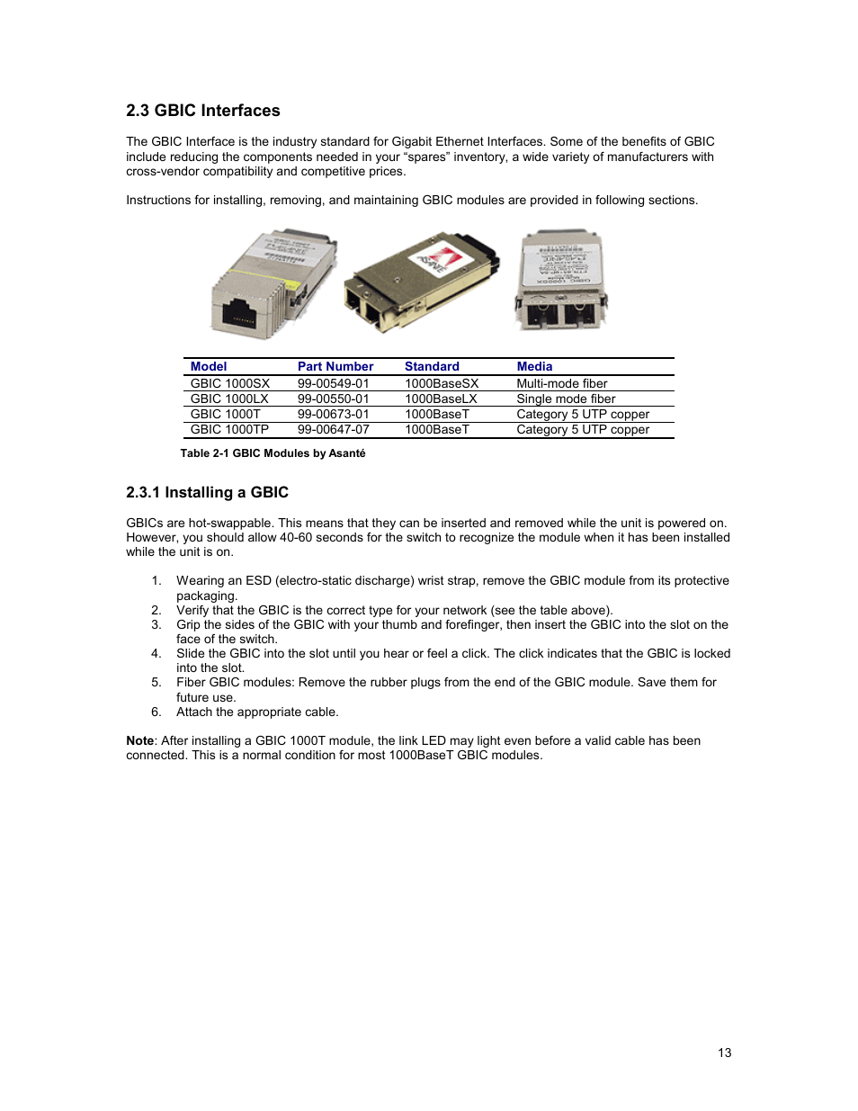 3 gbic interfaces | Asante Technologies 35160 User Manual | Page 13 / 79