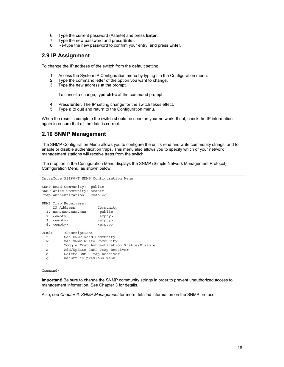 9 ip assignment, 10 snmp management | Asante Technologies 35160 User Manual | Page 18 / 79