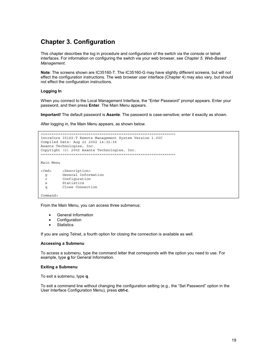 Chapter 3. configuration | Asante Technologies 35160 User Manual | Page 19 / 79