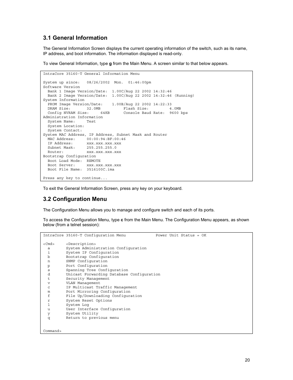 1 general information, 2 configuration menu | Asante Technologies 35160 User Manual | Page 20 / 79