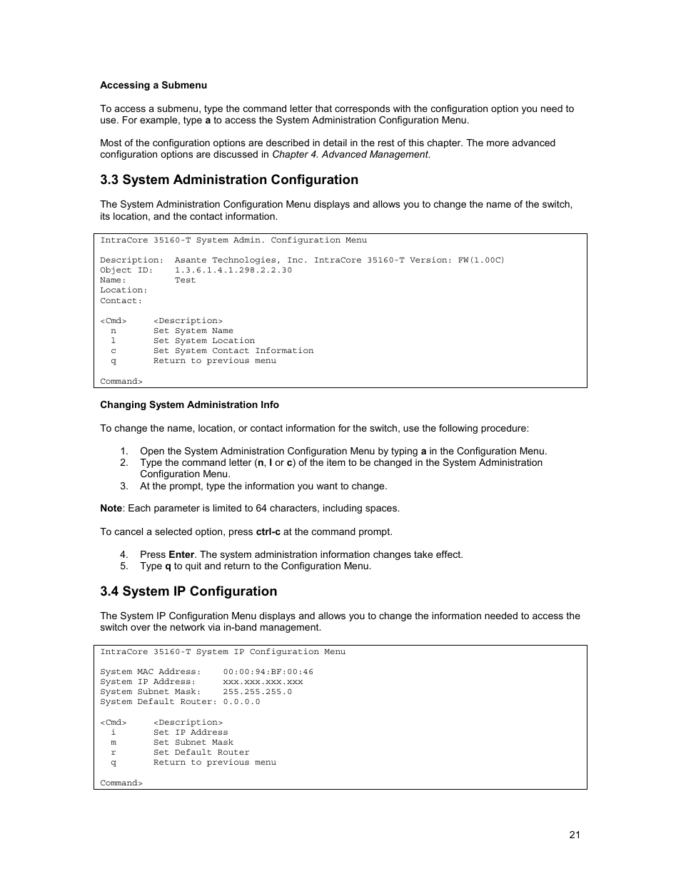 3 system administration configuration, 4 system ip configuration | Asante Technologies 35160 User Manual | Page 21 / 79