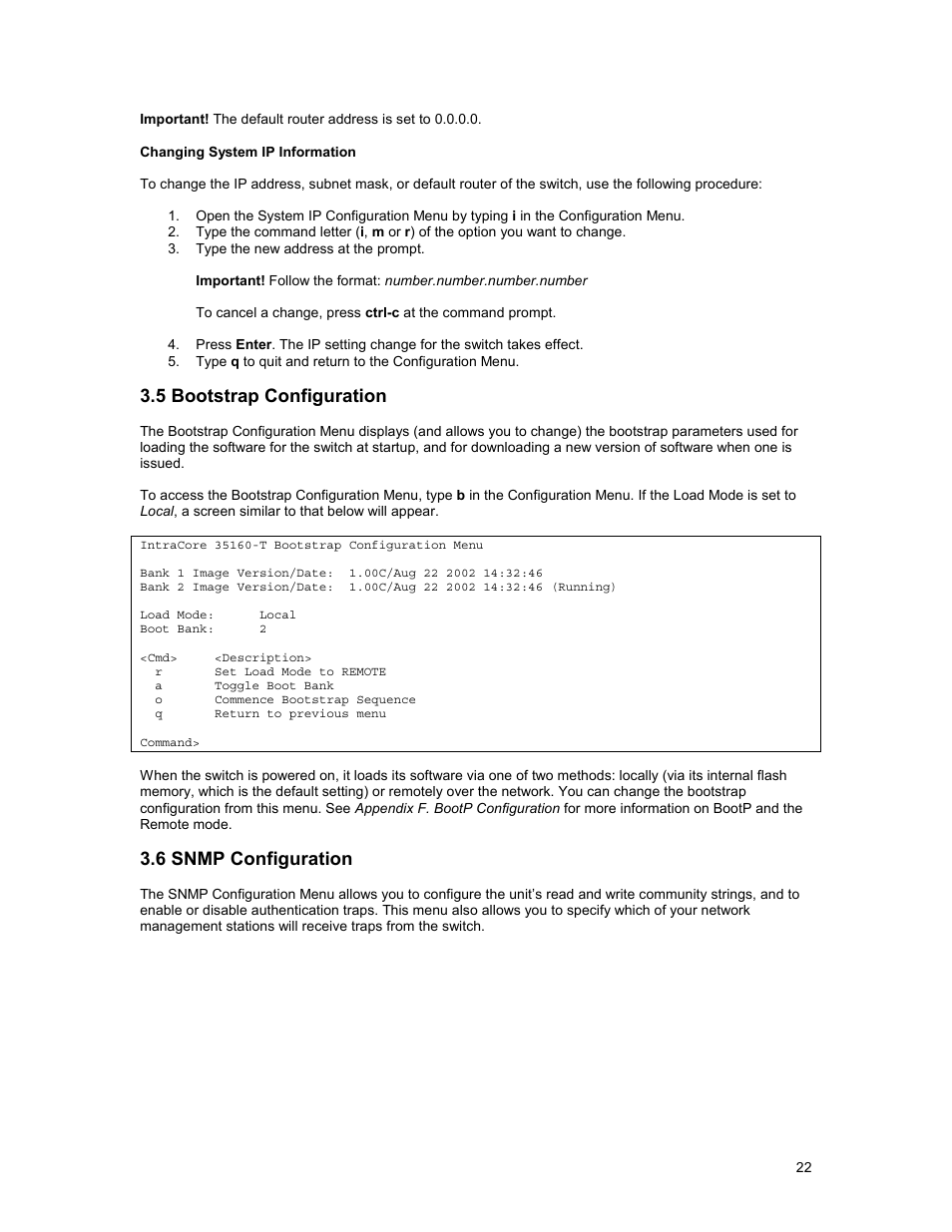 5 bootstrap configuration, 6 snmp configuration | Asante Technologies 35160 User Manual | Page 22 / 79