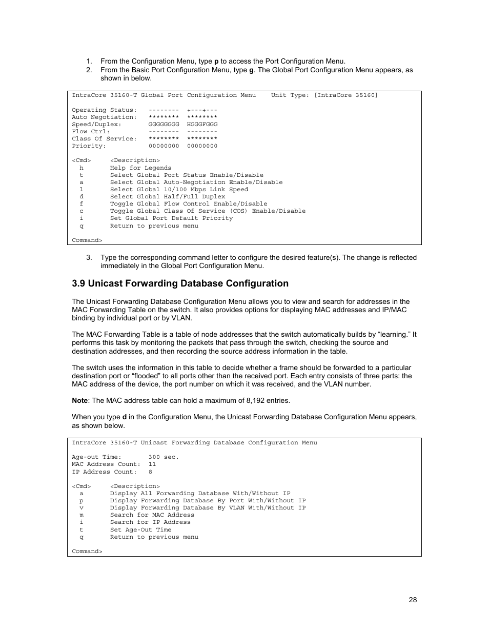 9 unicast forwarding database configuration | Asante Technologies 35160 User Manual | Page 28 / 79