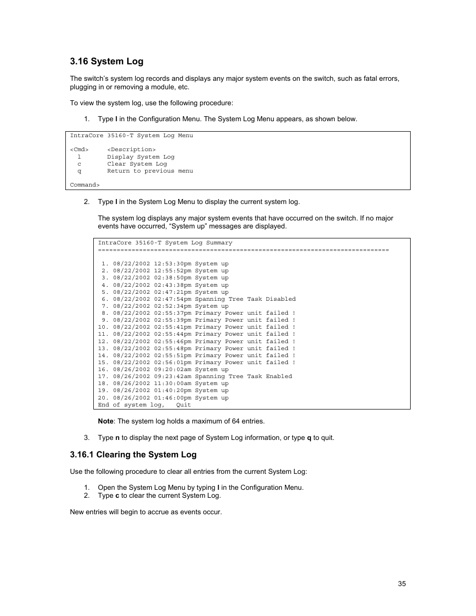 16 system log | Asante Technologies 35160 User Manual | Page 35 / 79