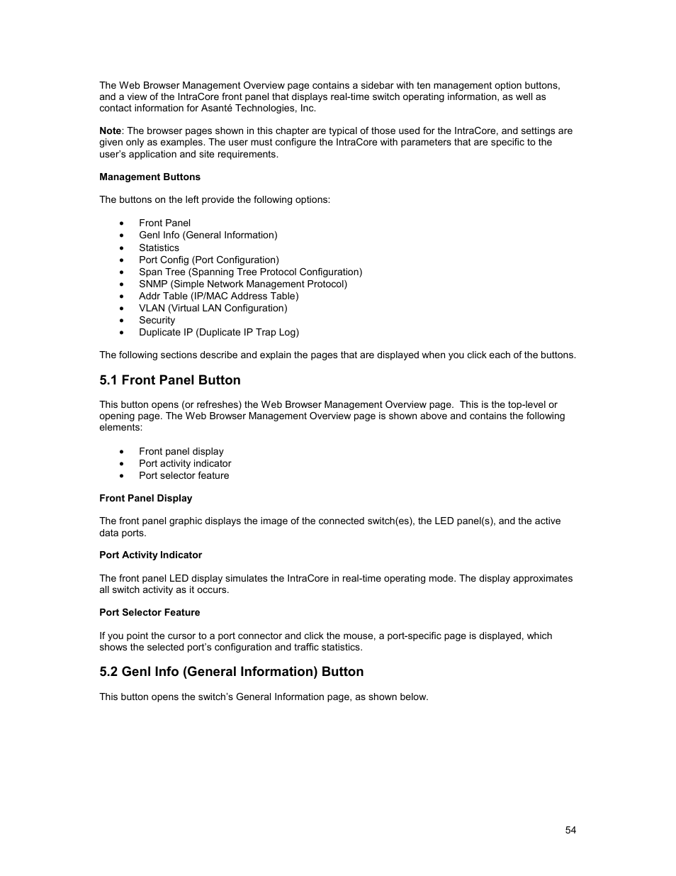 1 front panel button, 2 genl info (general information) button | Asante Technologies 35160 User Manual | Page 54 / 79