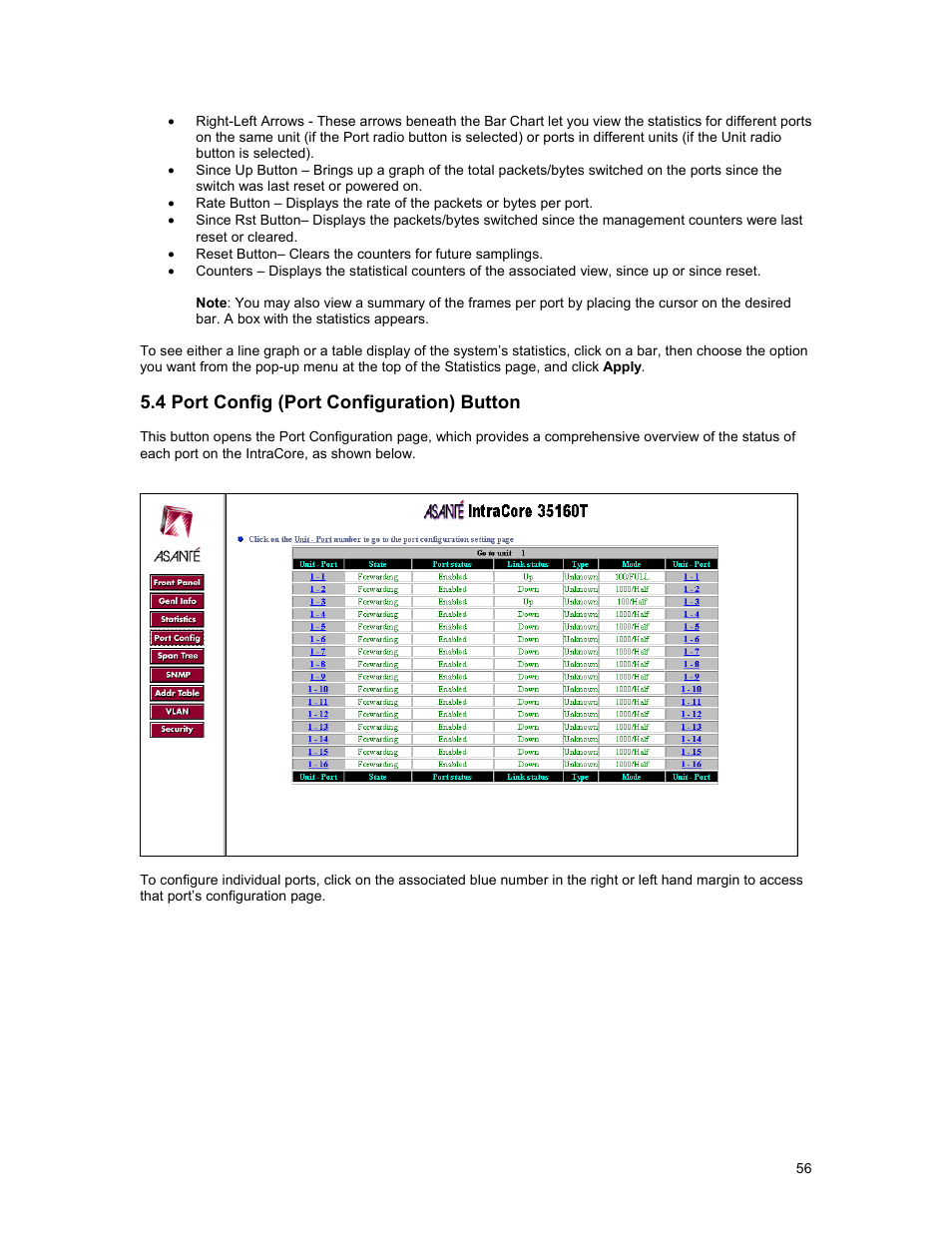 4 port config (port configuration) button | Asante Technologies 35160 User Manual | Page 56 / 79