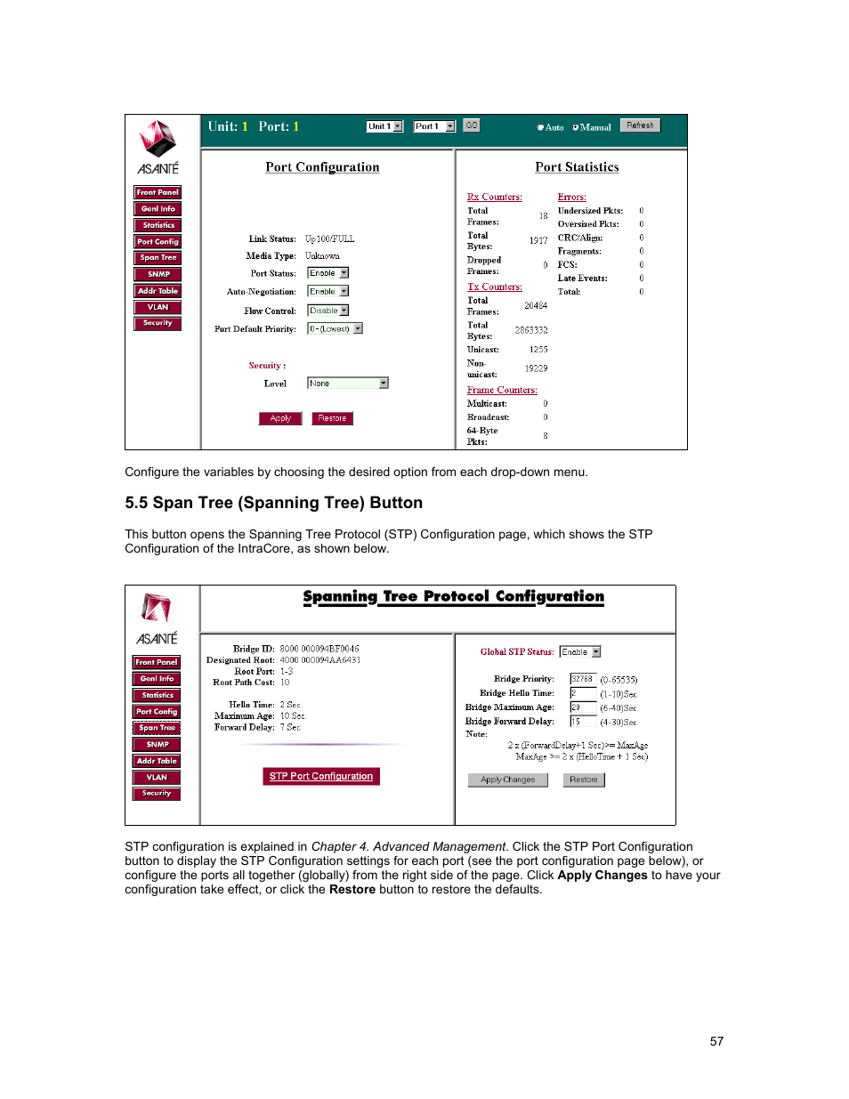 5 span tree (spanning tree) button | Asante Technologies 35160 User Manual | Page 57 / 79