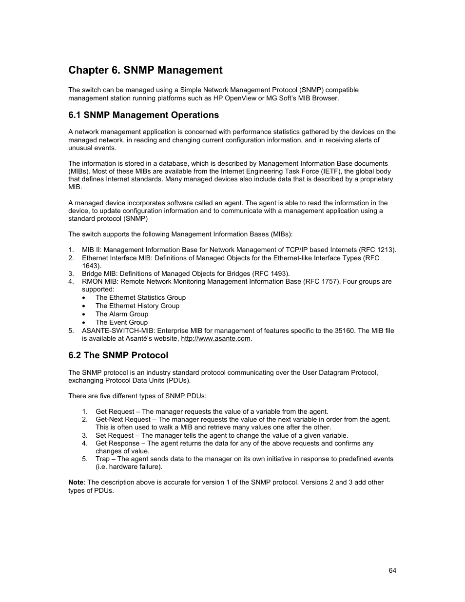 Chapter 6. snmp management | Asante Technologies 35160 User Manual | Page 64 / 79