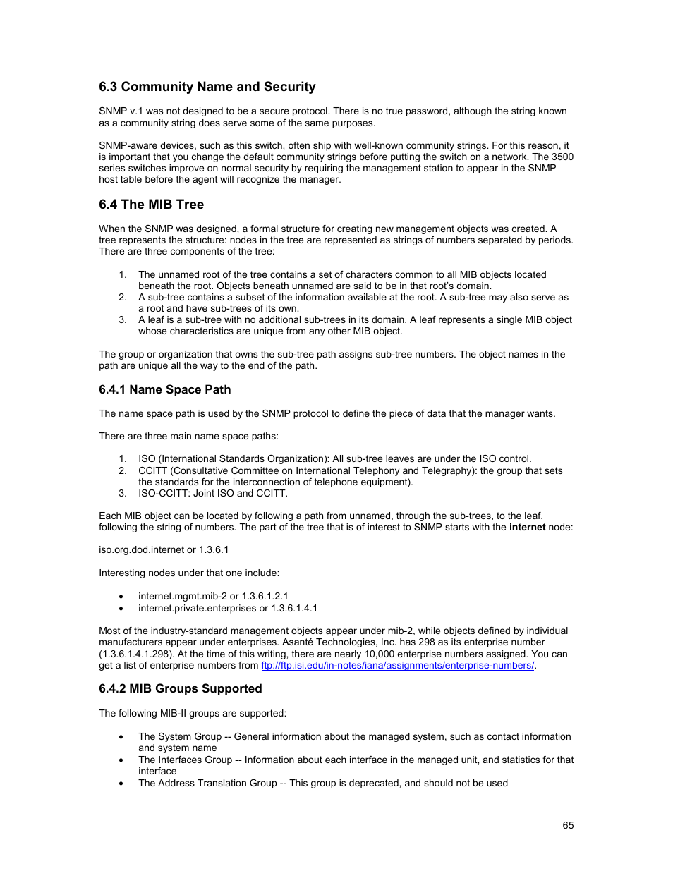 3 community name and security, 4 the mib tree | Asante Technologies 35160 User Manual | Page 65 / 79