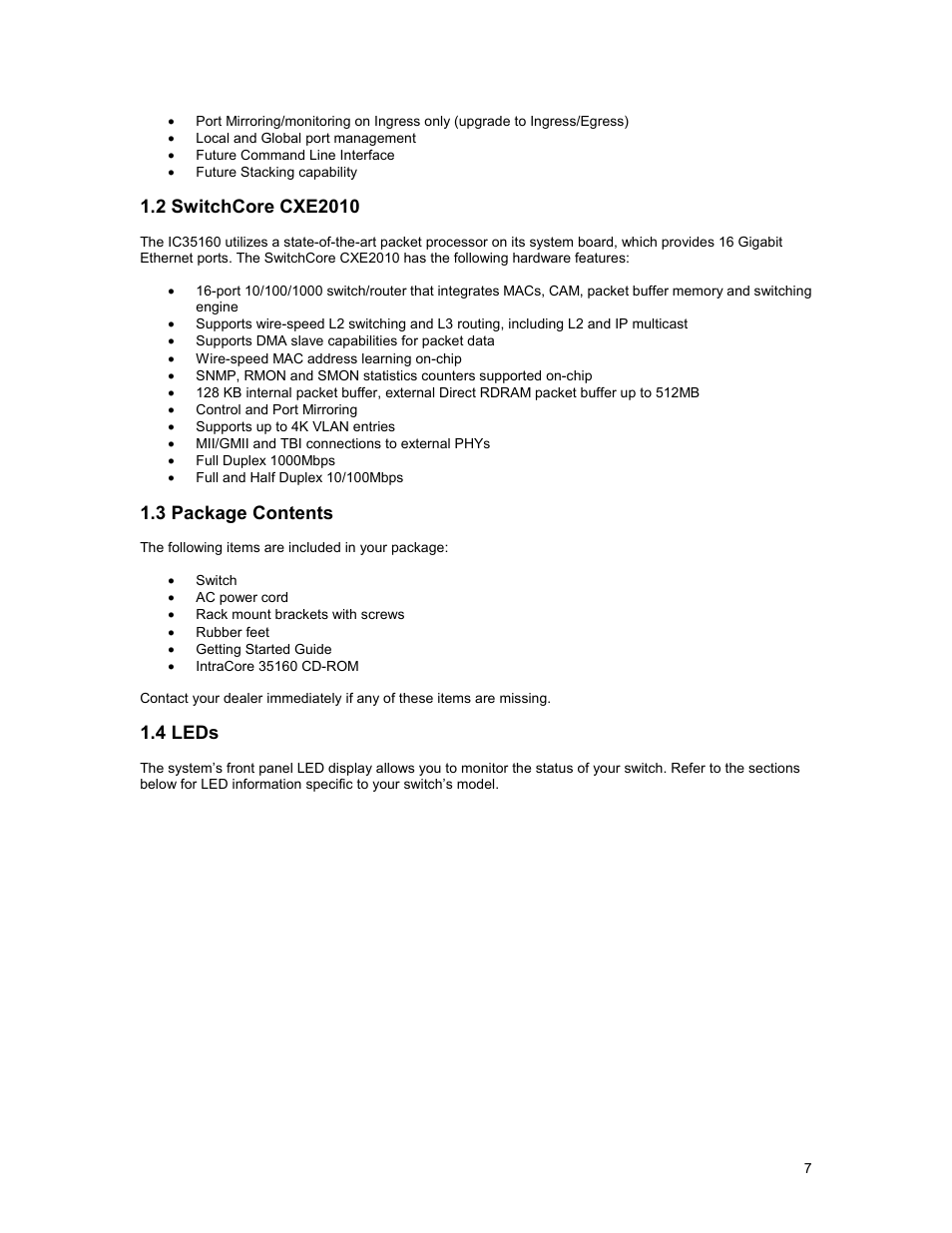 3 package contents, 4 leds | Asante Technologies 35160 User Manual | Page 7 / 79