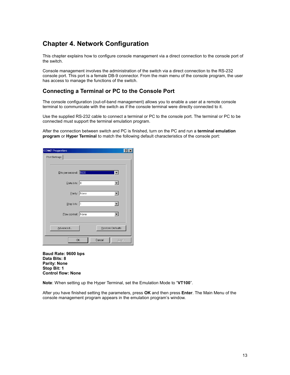 Chapter 4. network configuration, Connecting a terminal or pc to the console port, Control flow: none | Chapter, Network, Configuration | Asante Technologies FM2017 User Manual | Page 13 / 28