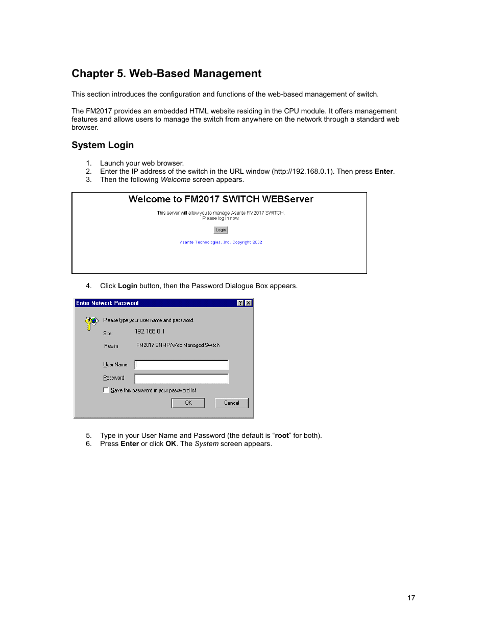 Chapter 5. web-based management, System login, Chapter | Web-based, Management 17, System, Login | Asante Technologies FM2017 User Manual | Page 17 / 28