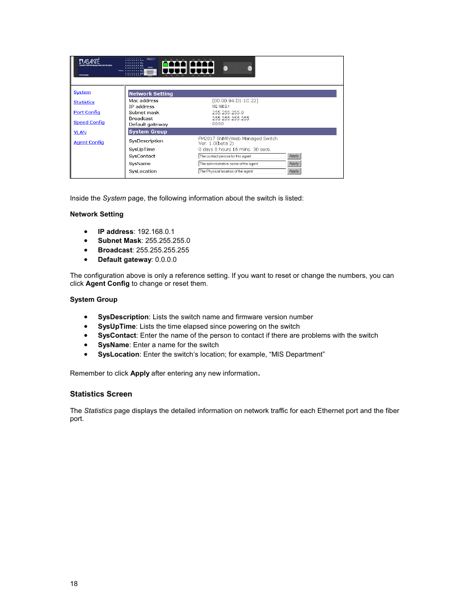 System group, Statistics screen | Asante Technologies FM2017 User Manual | Page 18 / 28