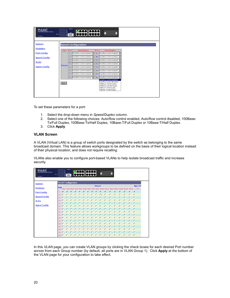 Vlan screen | Asante Technologies FM2017 User Manual | Page 20 / 28