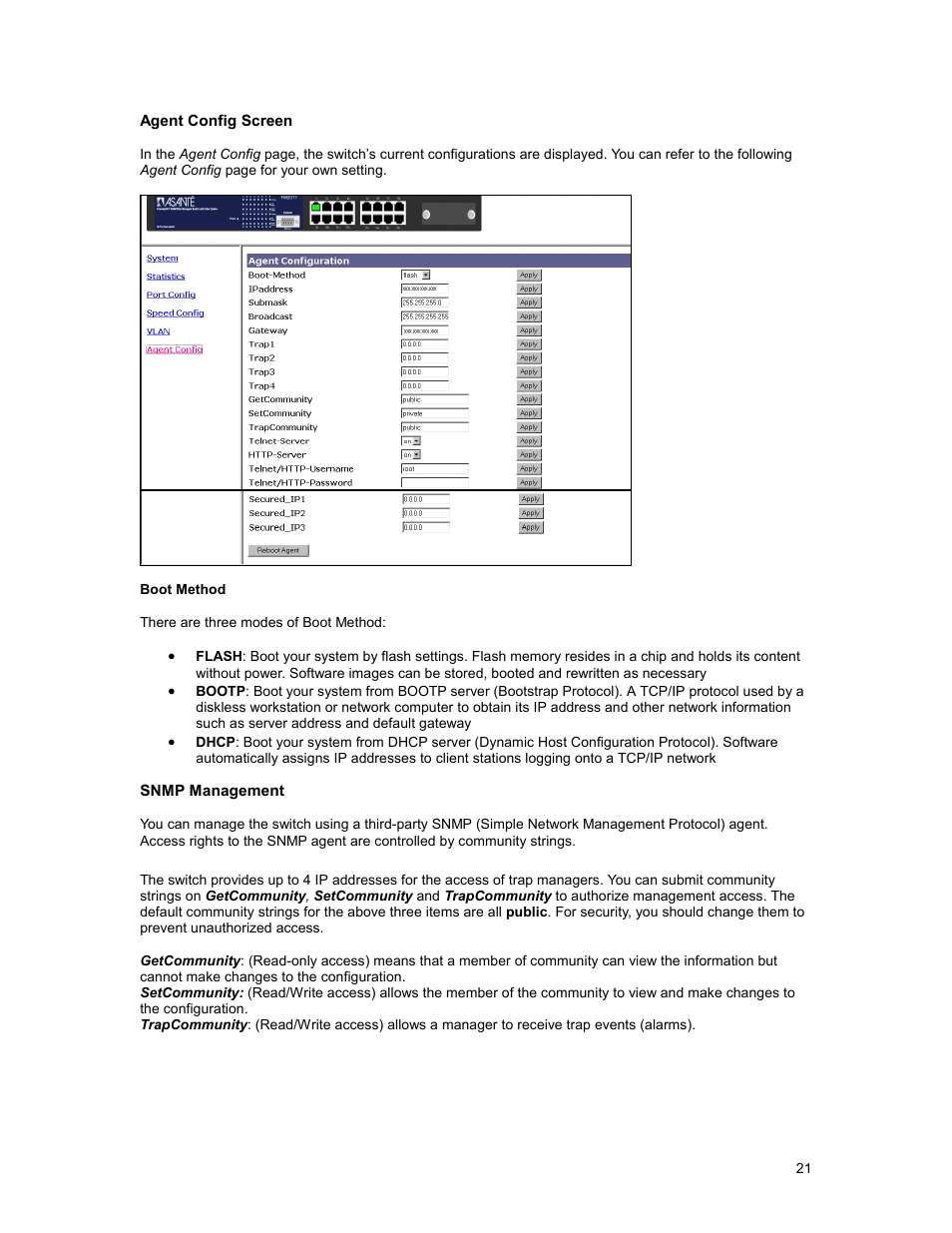 Agent config screen, Boot method, Snmp management | Asante Technologies FM2017 User Manual | Page 21 / 28