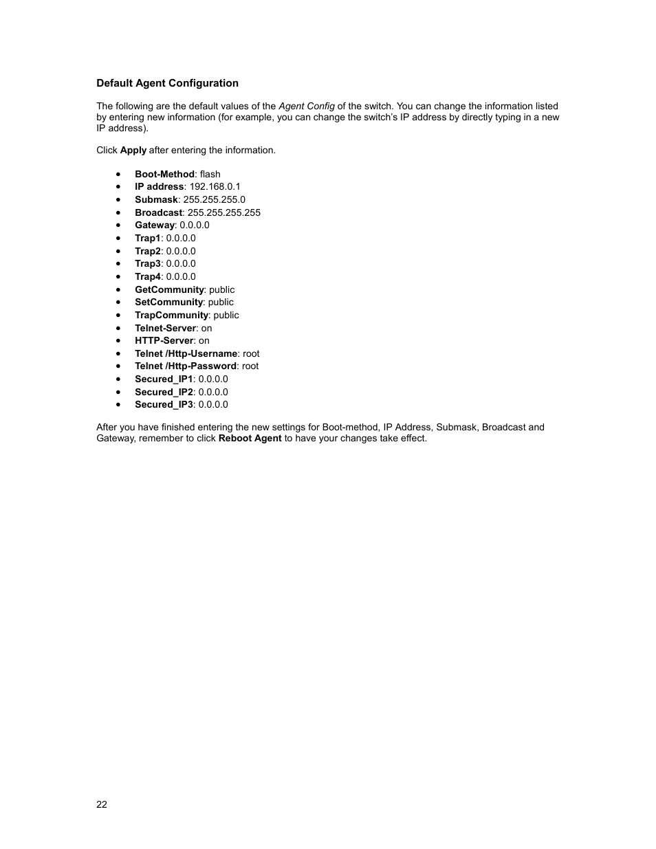 Default agent configuration | Asante Technologies FM2017 User Manual | Page 22 / 28