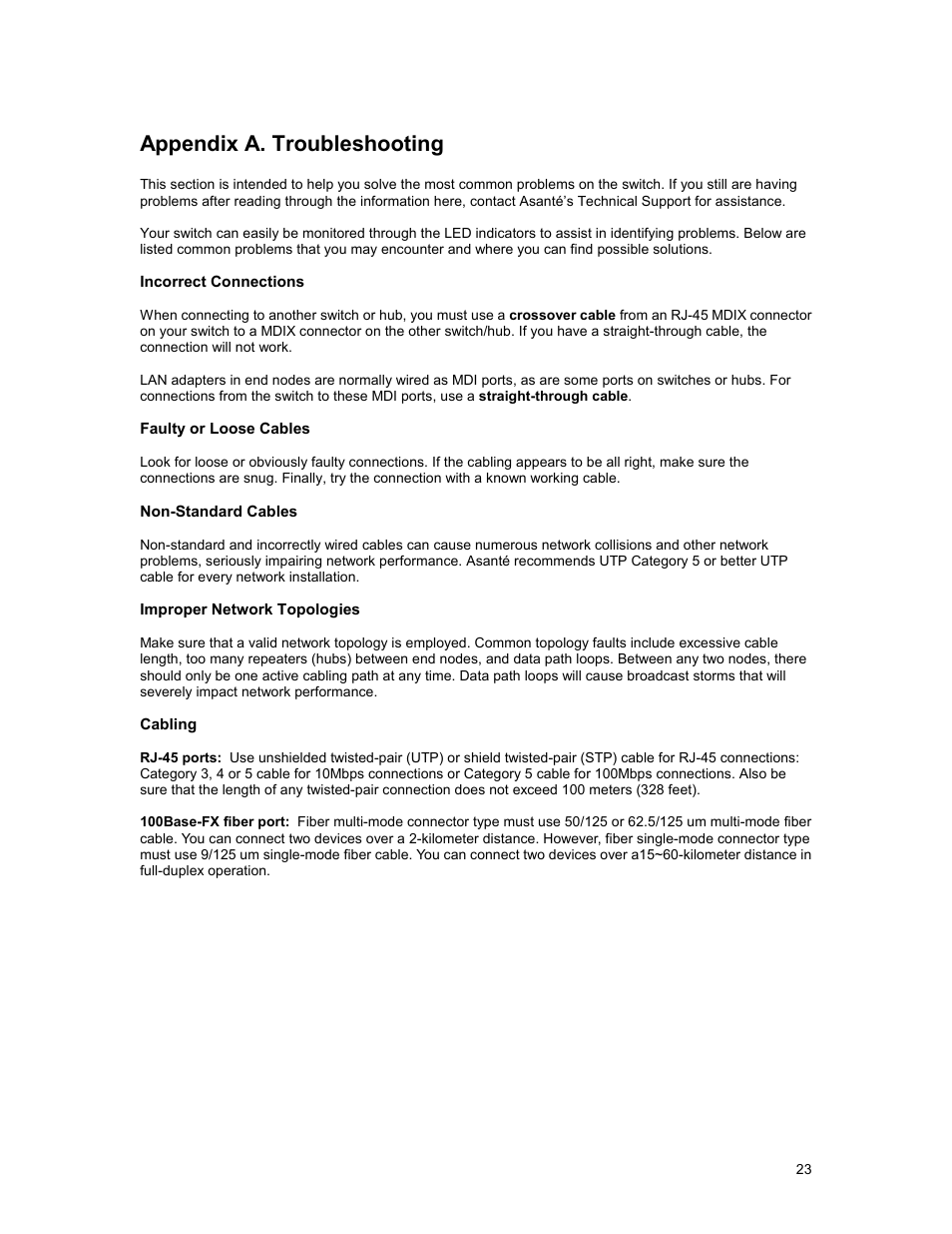 Appendix a. troubleshooting, Incorrect connections, Faulty or loose cables | Non-standard cables, Improper network topologies, Cabling, Appendix, Troubleshooting | Asante Technologies FM2017 User Manual | Page 23 / 28