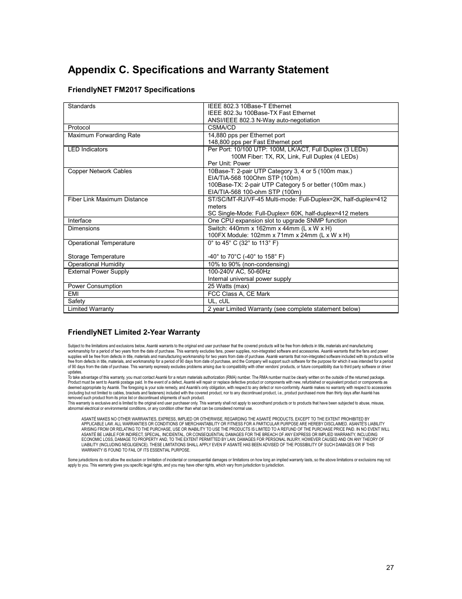 Appendix c. specifications and warranty statement, Friendlynet fm2017 specifications, Friendlynet limited 2-year warranty | Asante Technologies FM2017 User Manual | Page 27 / 28