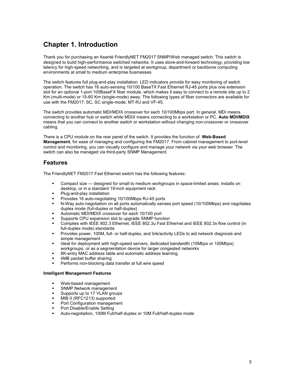 Chapter 1. introduction, Features, Intelligent management features | Chapter, Introduction | Asante Technologies FM2017 User Manual | Page 5 / 28