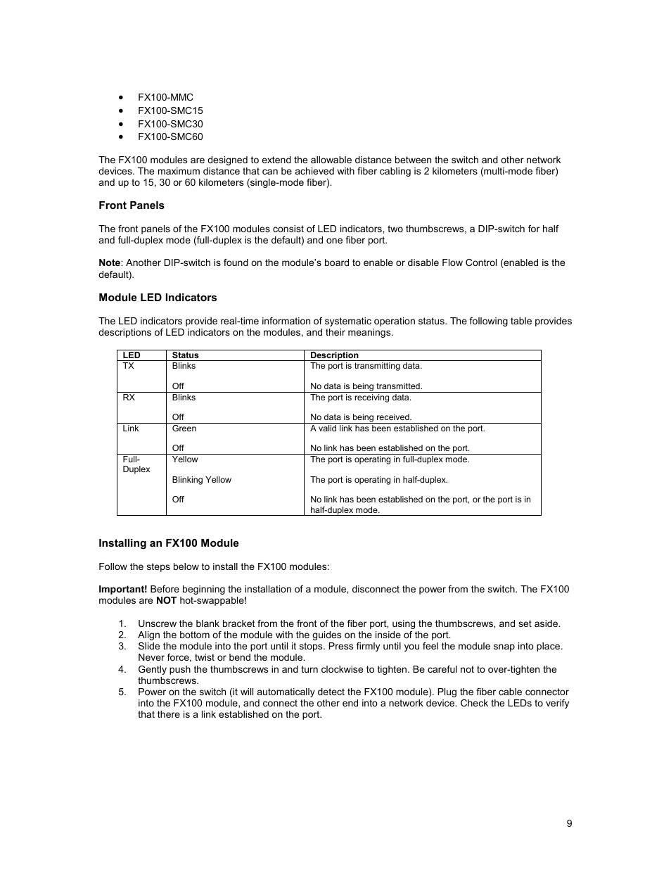 Front panels, Module led indicators, Installing an fx100 module | Asante Technologies FM2017 User Manual | Page 9 / 28