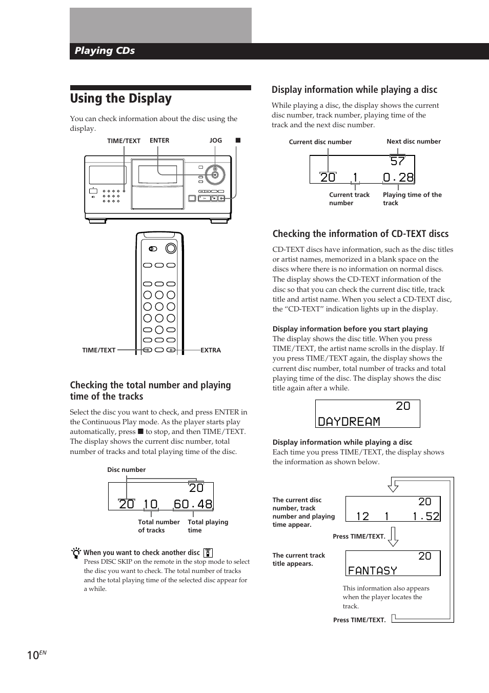 Using the display, 2o 1 o.28, Daydream | Fantasy, Playing cds, Display information while playing a disc, Checking the information of cd-text discs | Sony CDP-CX250 User Manual | Page 10 / 93