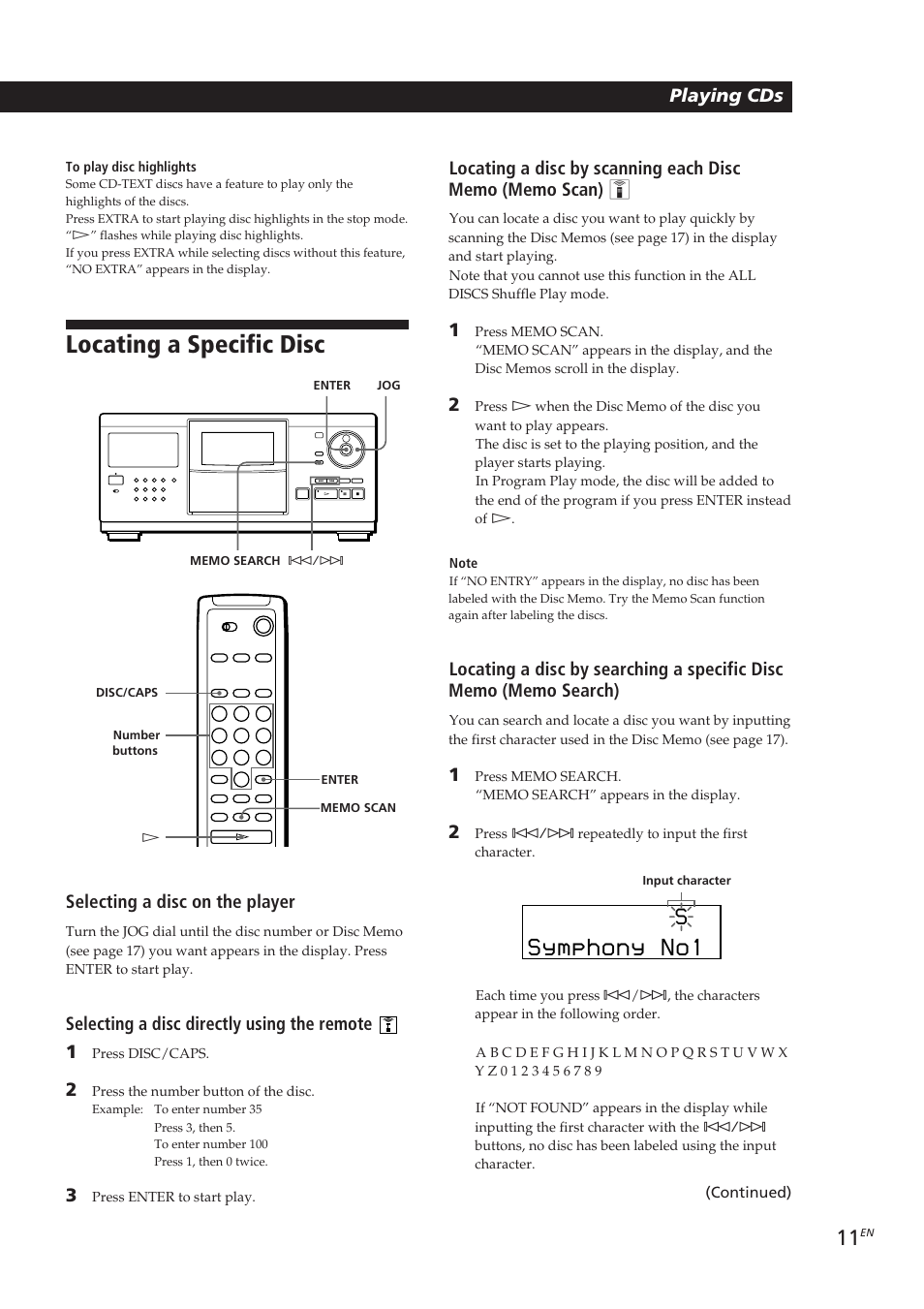 Locating a specific disc, Symphony no1, Playing cds getting started playing cds | Selecting a disc on the player, Selecting a disc directly using the remote 1 | Sony CDP-CX250 User Manual | Page 11 / 93