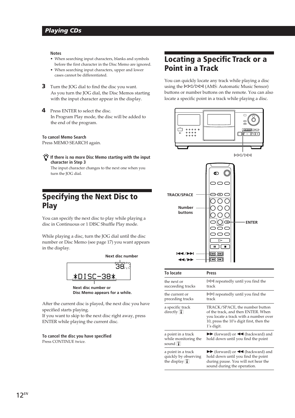 Locating a specific track or a point in a track, Specifying the next disc to play, Disc-38 | Playing cds | Sony CDP-CX250 User Manual | Page 12 / 93