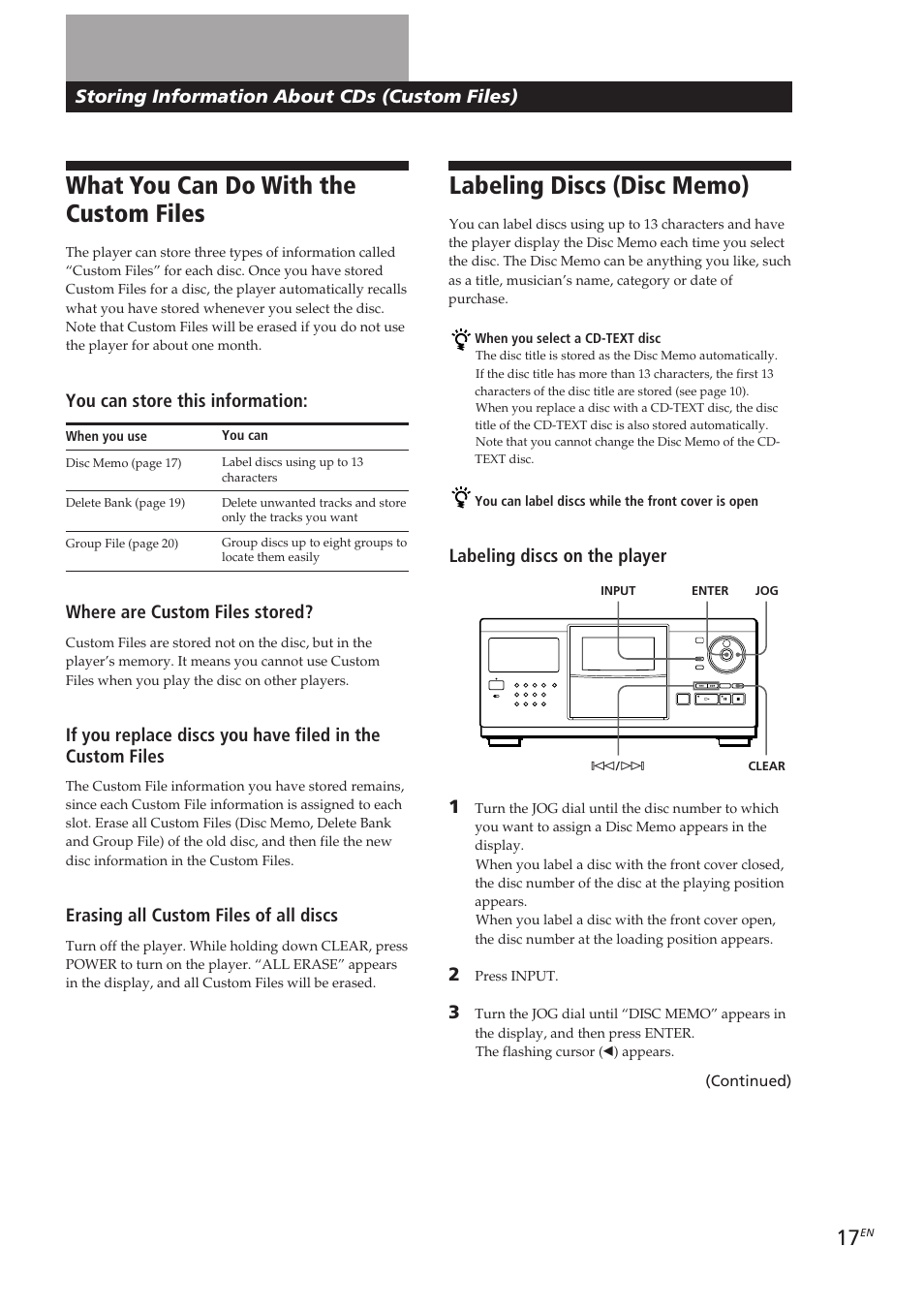 What you can do with the custom files, Locating a scene or track you want, Storing information about cds (custom files) | Labeling discs on the player, You can store this information, Where are custom files stored, Erasing all custom files of all discs | Sony CDP-CX250 User Manual | Page 17 / 93