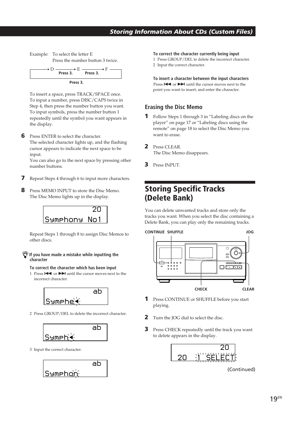 Storing specific tracks (delete bank), Locating a scene or track you want | Sony CDP-CX250 User Manual | Page 19 / 93