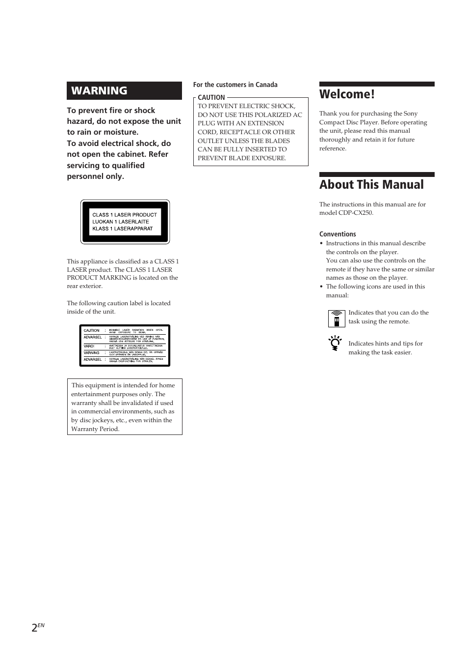 Welcome, About this manual, Warning | Sony CDP-CX250 User Manual | Page 2 / 93