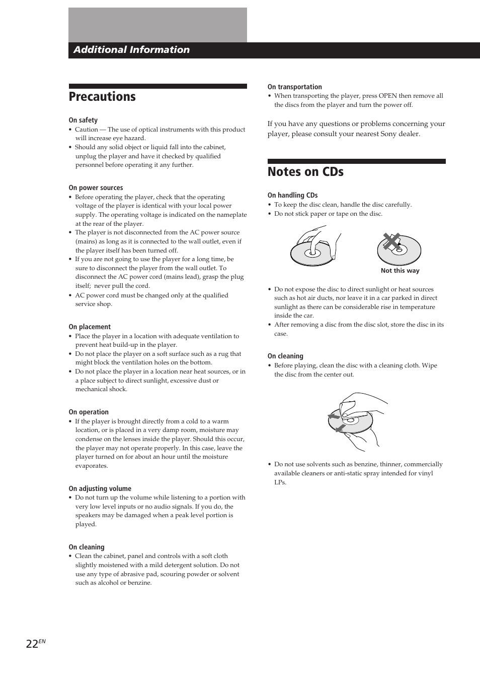 Precautions, Additional information | Sony CDP-CX250 User Manual | Page 22 / 93