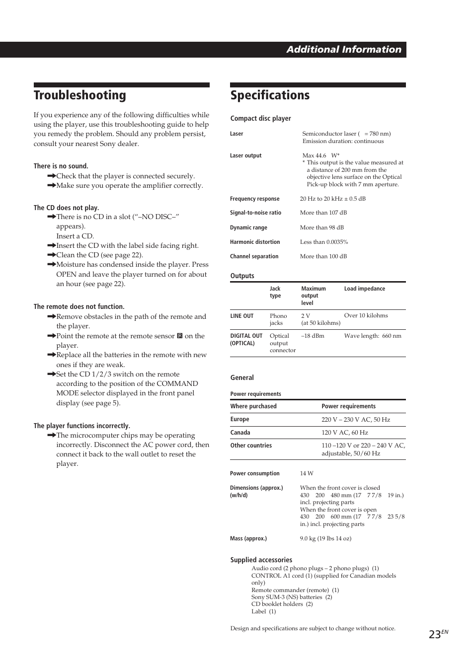 Specifications, Troubleshooting | Sony CDP-CX250 User Manual | Page 23 / 93