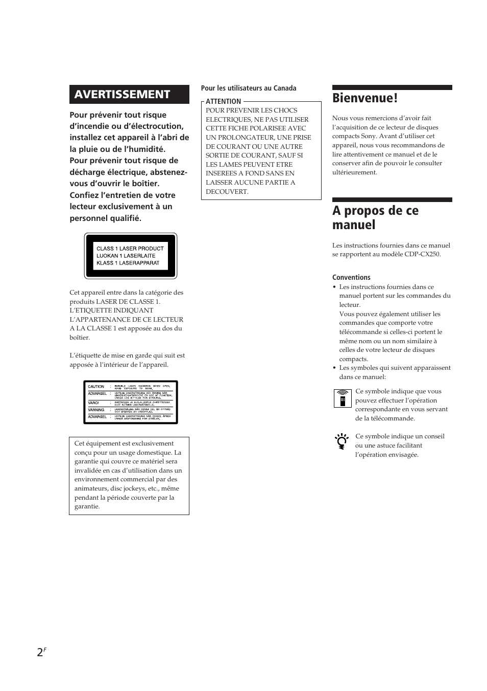 Bienvenue, A propos de ce manuel, Avertissement | Sony CDP-CX250 User Manual | Page 25 / 93