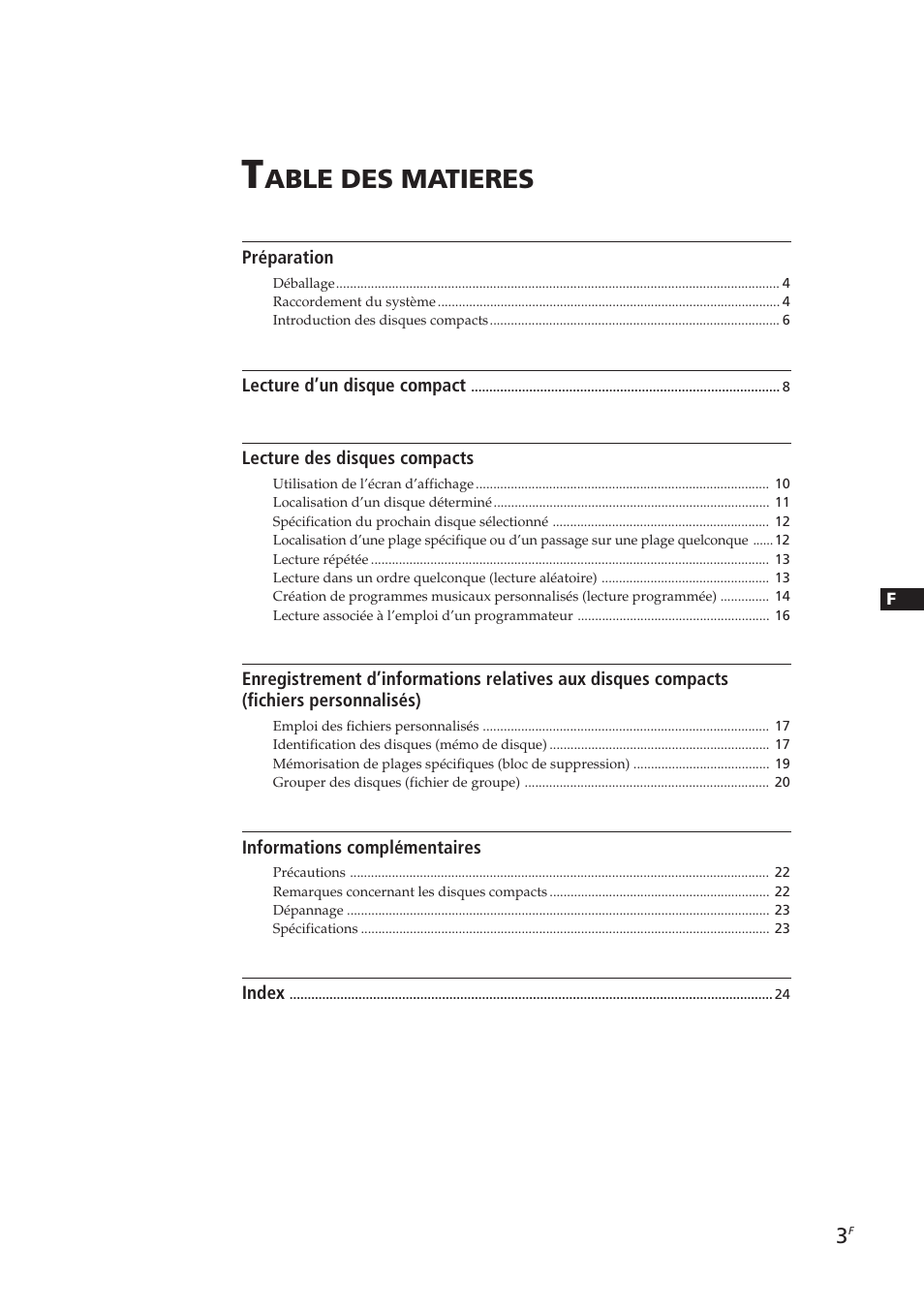 Able des matieres | Sony CDP-CX250 User Manual | Page 26 / 93