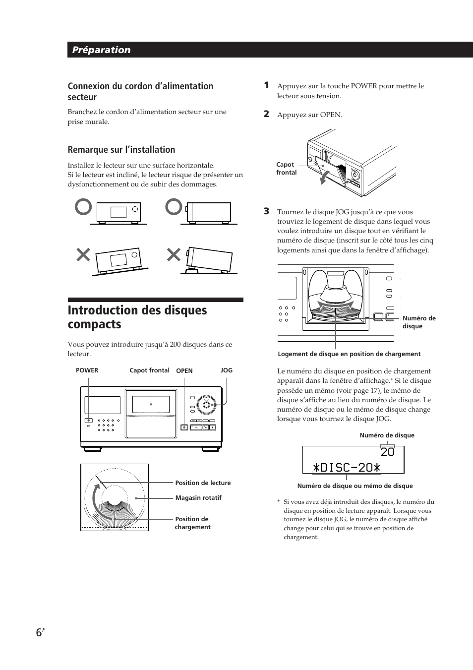 Introduction des disques compacts, Disc-2o, Remarque sur l’installation | Sony CDP-CX250 User Manual | Page 29 / 93