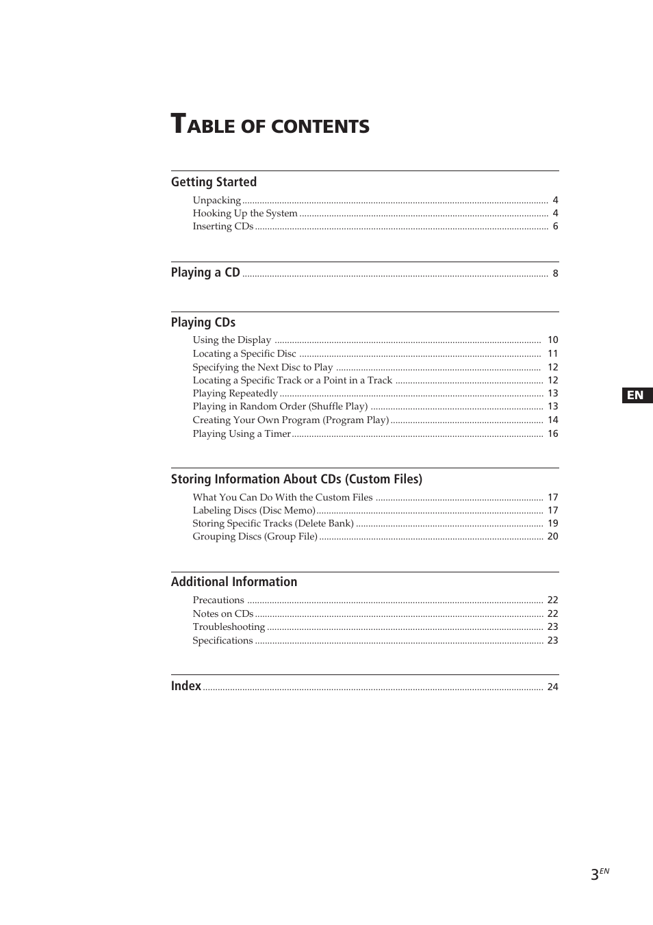 Able of contents | Sony CDP-CX250 User Manual | Page 3 / 93