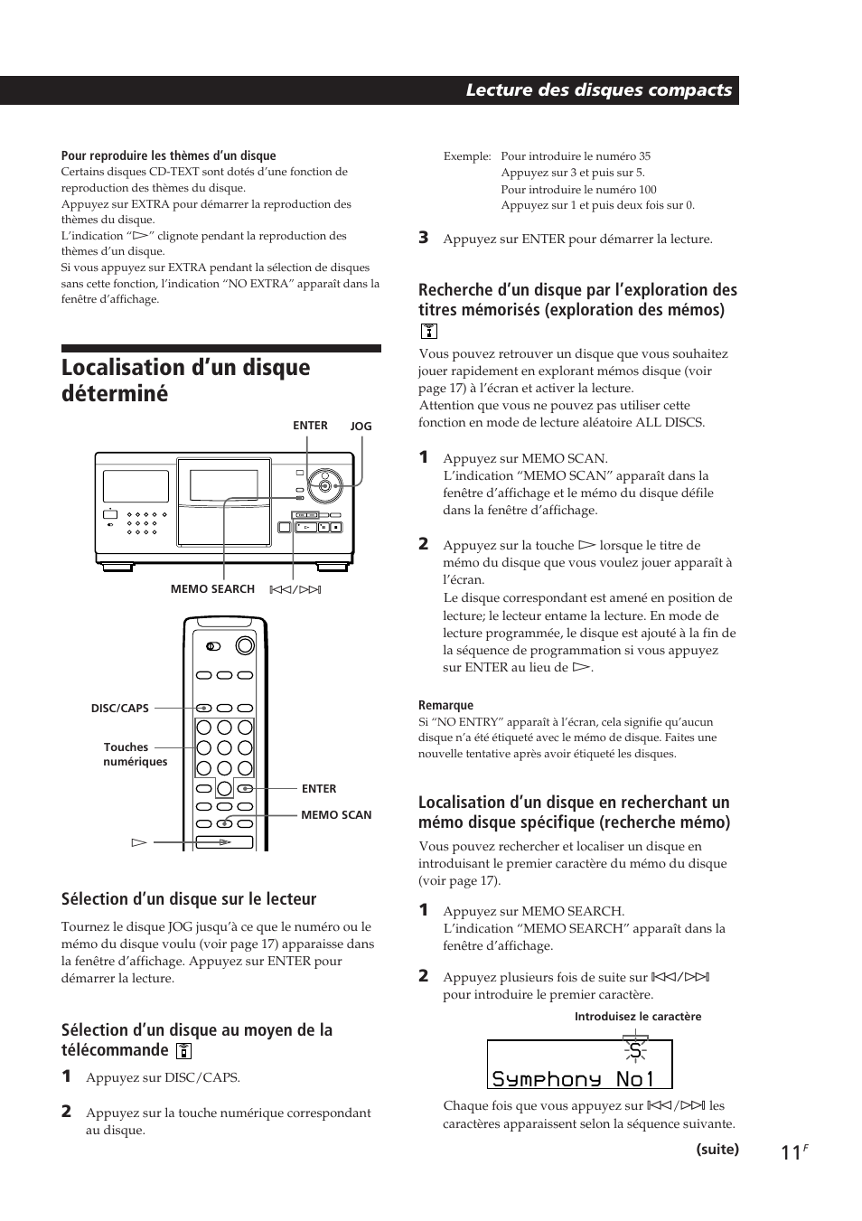Localisation d’un disque déterminé, Symphony no1, Sélection d’un disque sur le lecteur | Sony CDP-CX250 User Manual | Page 34 / 93