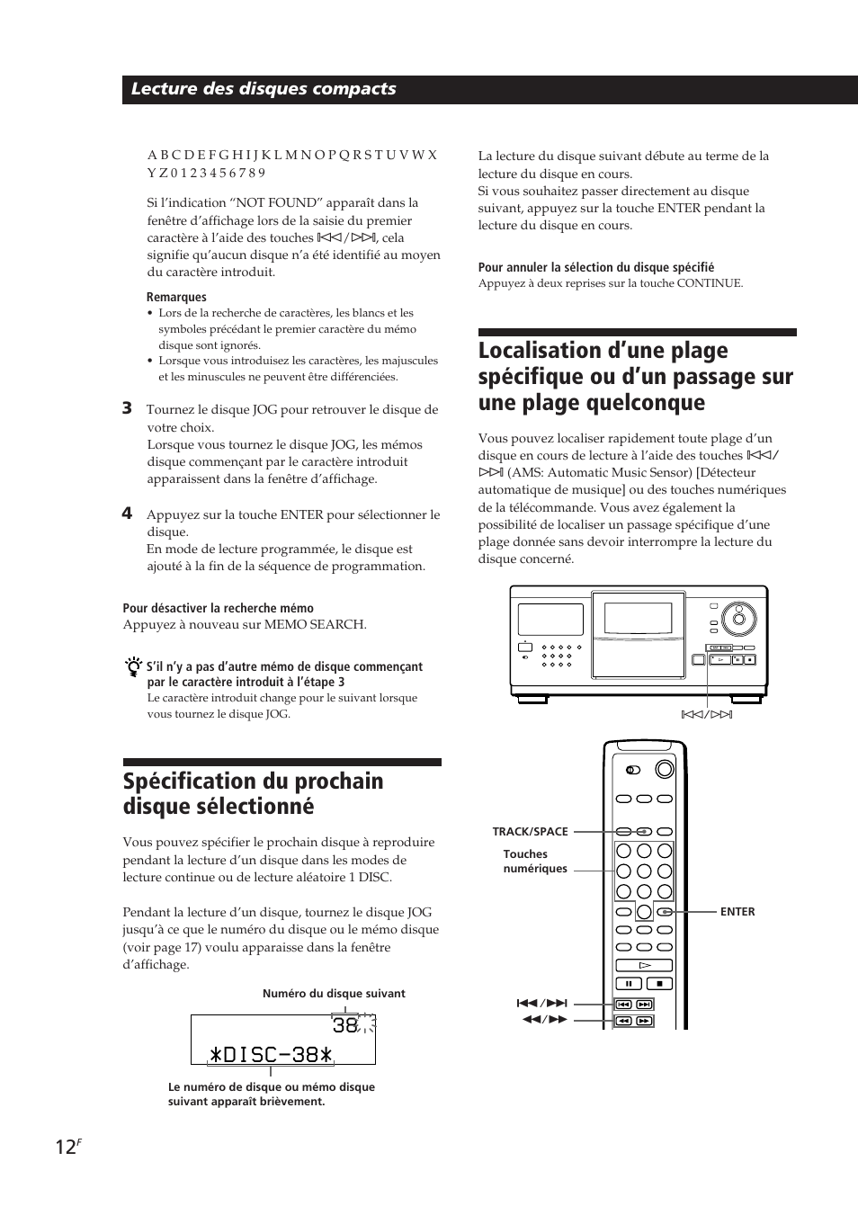 Spécification du prochain disque sélectionné, Disc-38, Lecture des disques compacts | Sony CDP-CX250 User Manual | Page 35 / 93