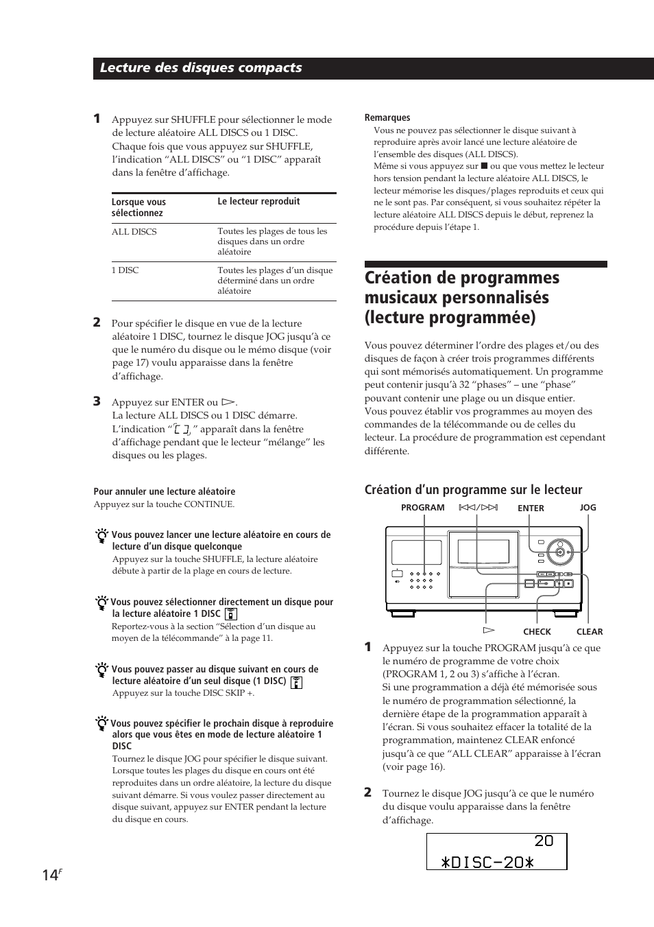 Disc-2o, Lecture des disques compacts, Création d’un programme sur le lecteur | Sony CDP-CX250 User Manual | Page 37 / 93