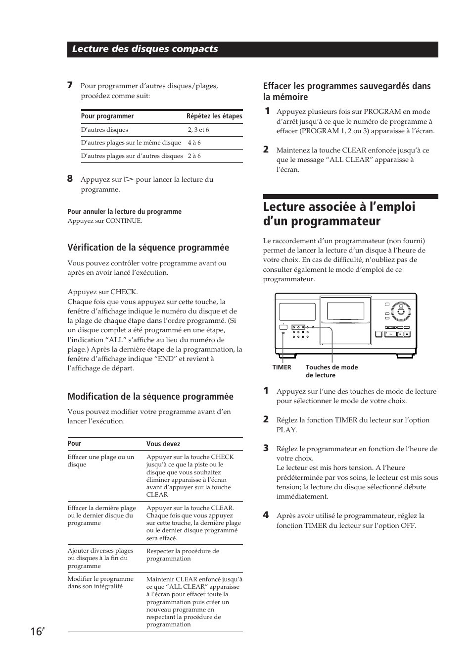 Lecture associée à l’emploi d’un programmateur, Lecture des disques compacts, Effacer les programmes sauvegardés dans la mémoire | Vérification de la séquence programmée, Modification de la séquence programmée | Sony CDP-CX250 User Manual | Page 39 / 93