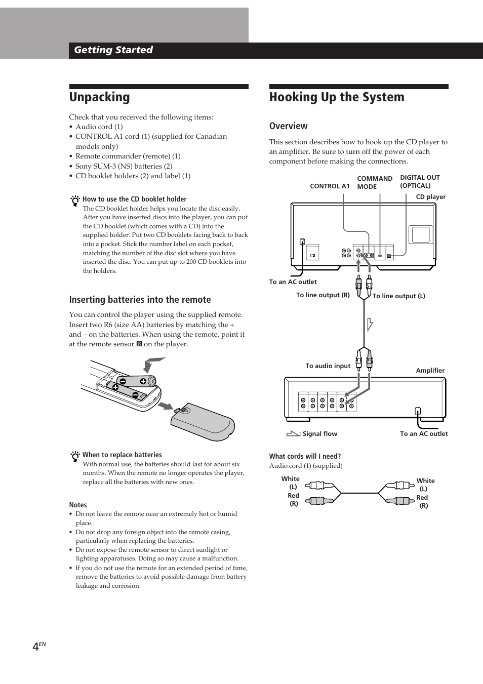 Hooking up the system, Unpacking, Getting started | Overview, Inserting batteries into the remote | Sony CDP-CX250 User Manual | Page 4 / 93