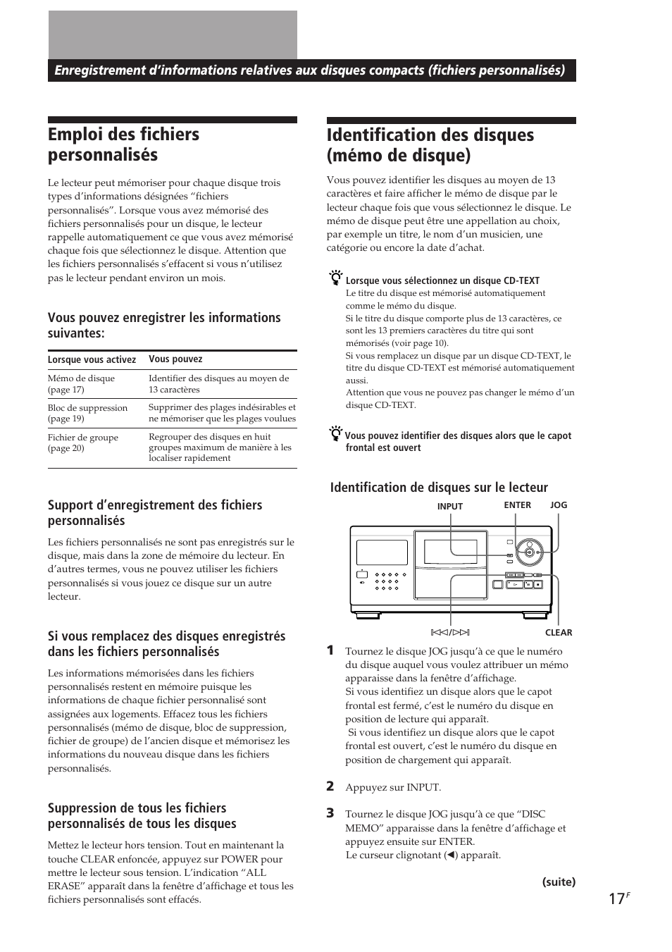 Emploi des fichiers personnalisés, Identification des disques (mémo de disque), Vous pouvez enregistrer les informations suivantes | Identification de disques sur le lecteur 1 | Sony CDP-CX250 User Manual | Page 40 / 93