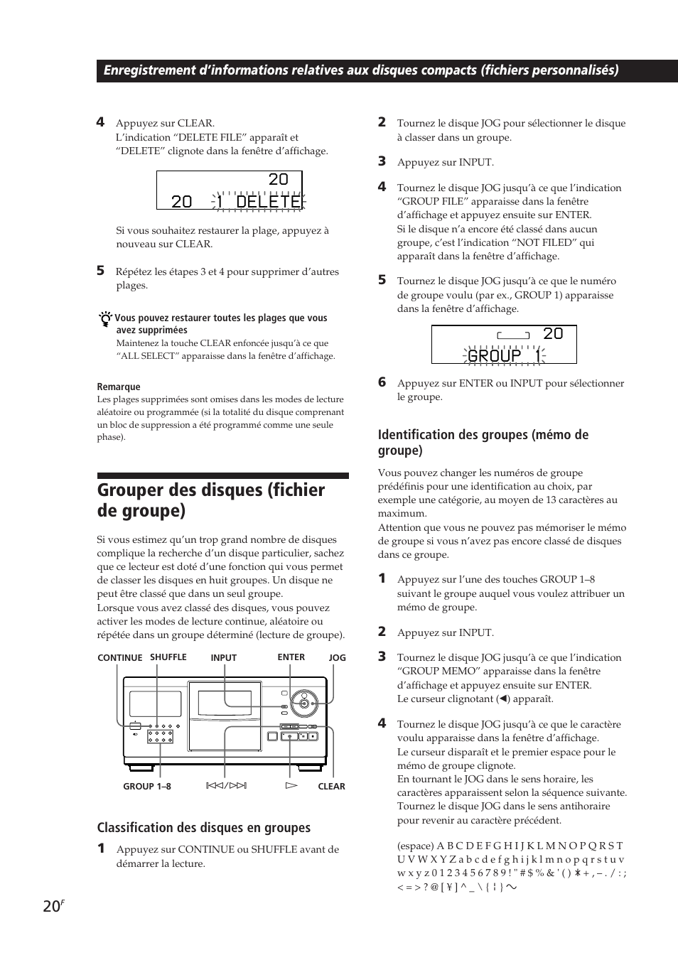 Grouper des disques (fichier de groupe), Classification des disques en groupes 1, Identification des groupes (mémo de groupe) | Sony CDP-CX250 User Manual | Page 43 / 93