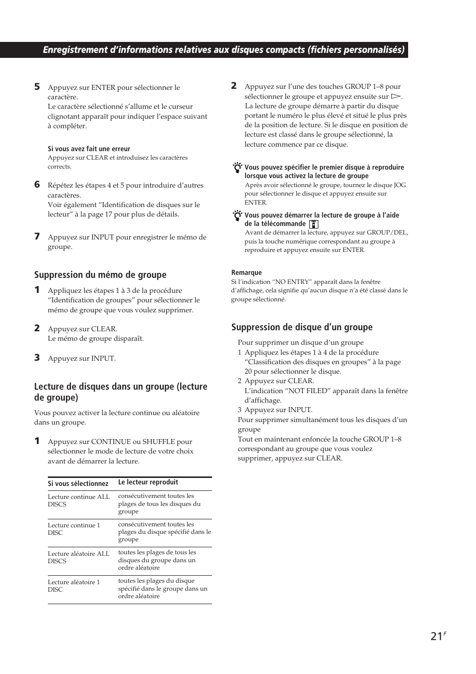 Suppression du mémo de groupe 1, Suppression de disque d’un groupe | Sony CDP-CX250 User Manual | Page 44 / 93