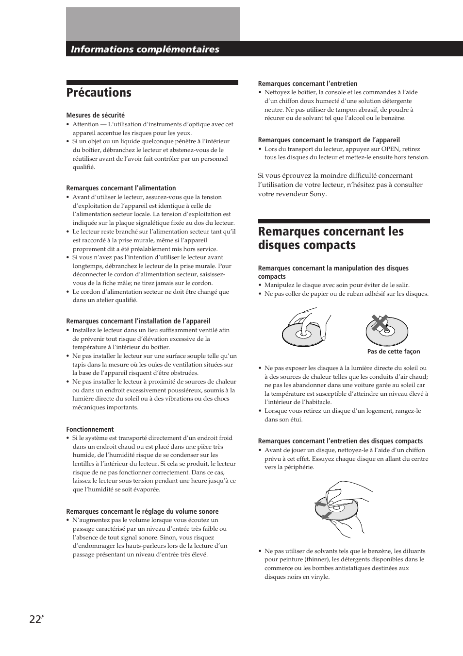 Précautions, Remarques concernant les disques compacts, Informations complémentaires | Sony CDP-CX250 User Manual | Page 45 / 93